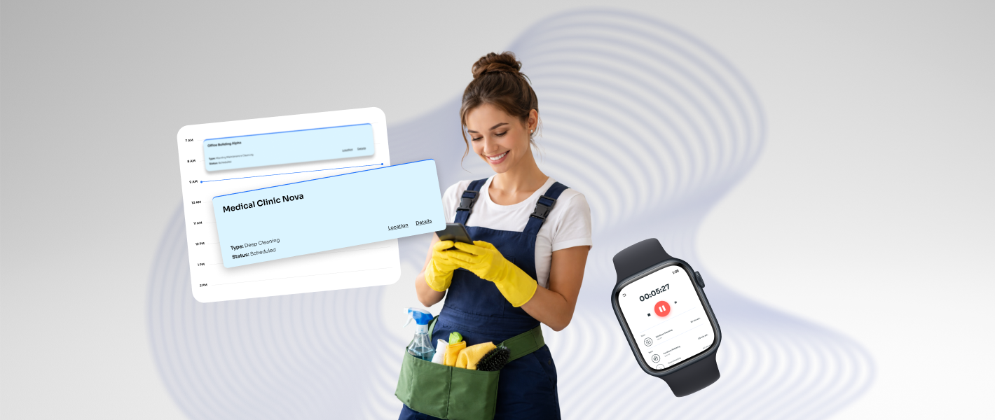 Cleaning staff using a mobile workforce management app to view schedules, tasks, and job details in a digital operations platform